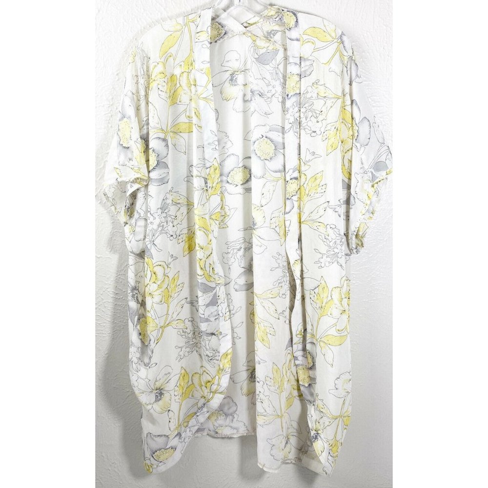 Floral Womens Kimono Top Size 1X Plus Yellow Cream cardigan coverup EUC